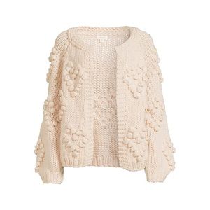 NWT Cream Oatmeal Pom Pom Chunky Knit Heart Cardigan Sweater